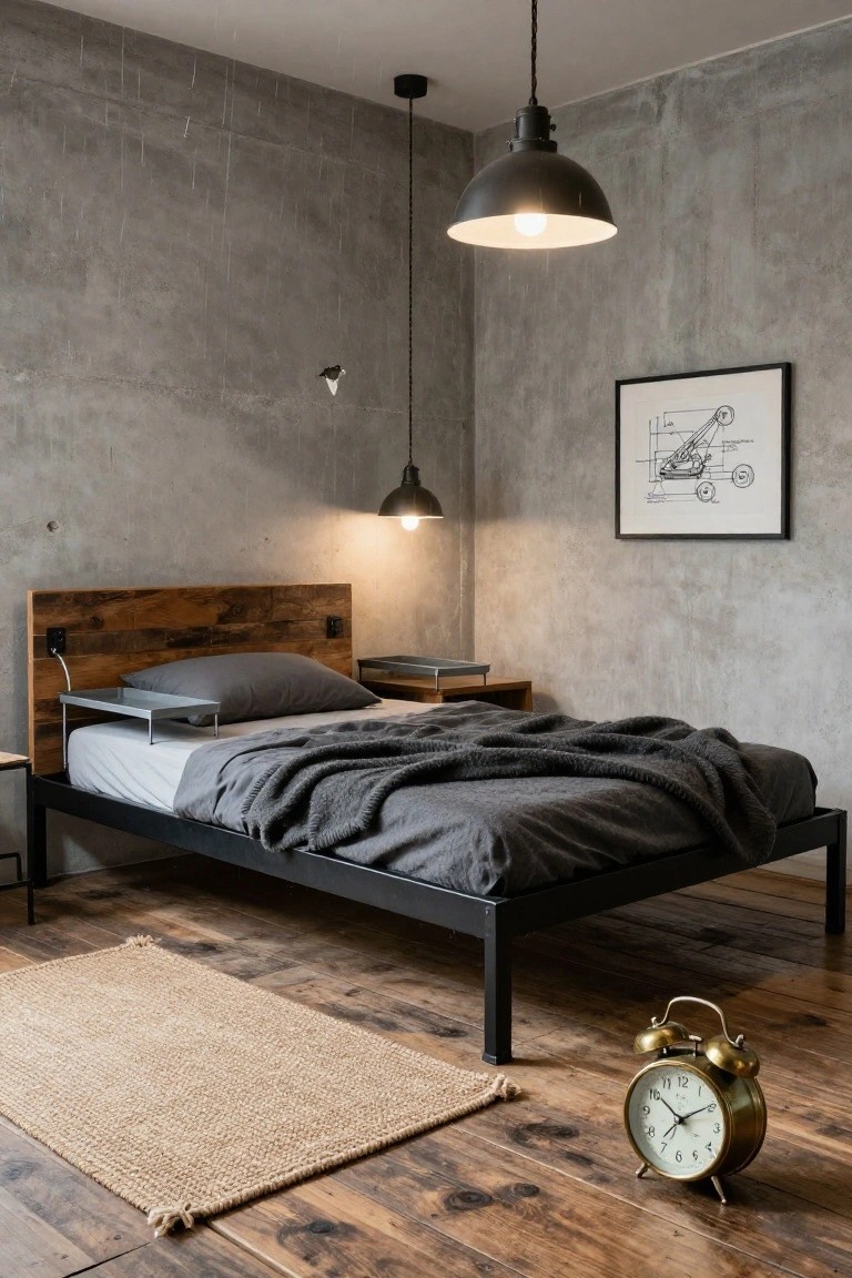 Bedroom with low black metal platform bed, wooden headboard with built-in lights and tray, gray bedding, concrete walls, pendant lights, framed blueprint art, wooden side table, jute rug, and brass alarm clock on wood floor.