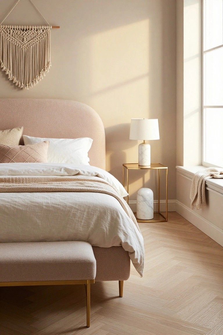 Bedroom with blush pink upholstered platform bed, white and pink pillows, linen bedding, gold side table with marble lamp and vase, macrame wall hanging, bench at bed foot, window with throw blanket, light wood floors.