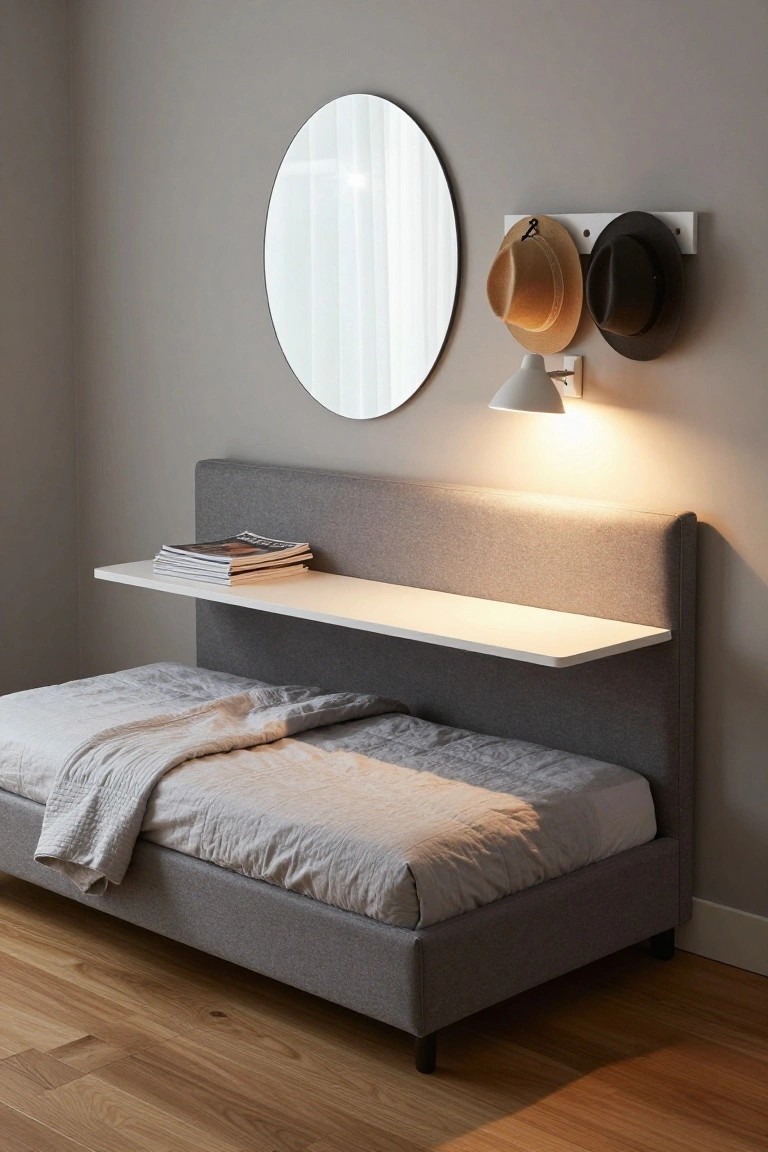 Gray upholstered platform bed with white floating shelf above headboard, round mirror with hat rack on wall, wall lamp, and light wood floor in minimalist bedroom.