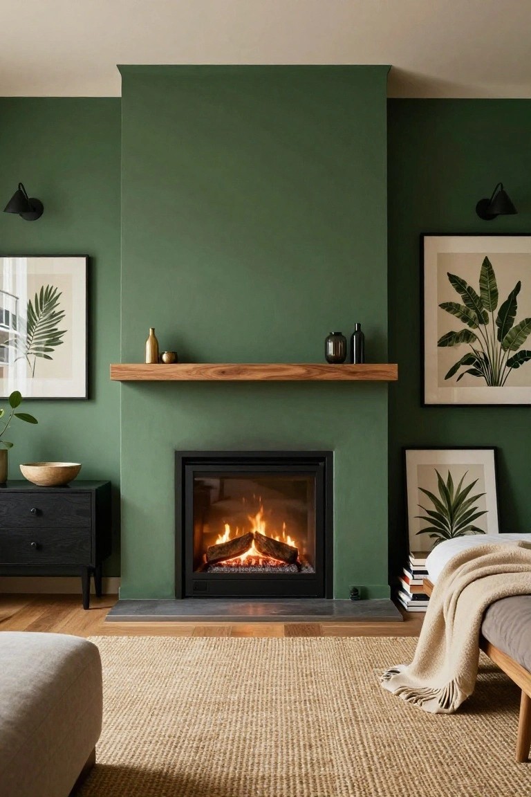 Living room interior with dark green wall behind a modern gas fireplace on slate hearth, wood mantel with glass vases, black wall sconces, leaf art prints, black console table with bowl and plant, low wooden platform bed with white sheets cream throw and books on shelf, seagrass rug, light wood floors, gray ottoman.