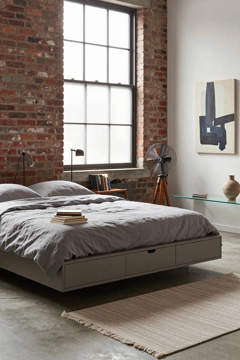 Modern bedroom with exposed brick walls, large industrial windows with frosted glass, low gray platform bed with gray linen bedding and stacked books, black tripod floor lamp, metal standing fan, wooden stool desk, glass side table, and abstract black and white painting.