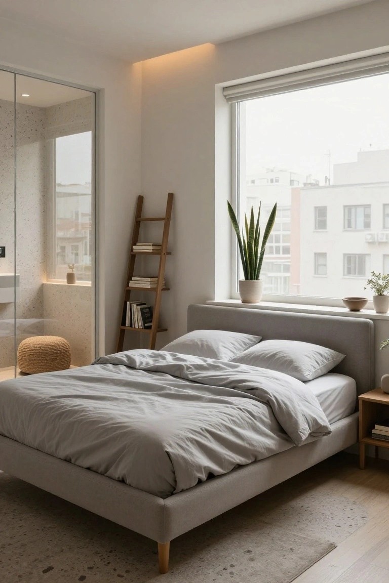 Modern bedroom with low-profile gray platform bed, wooden ladder bookshelf holding books and plants, potted snake plant by window, woven pouf stool, and glass shower enclosure beside wooden floors.