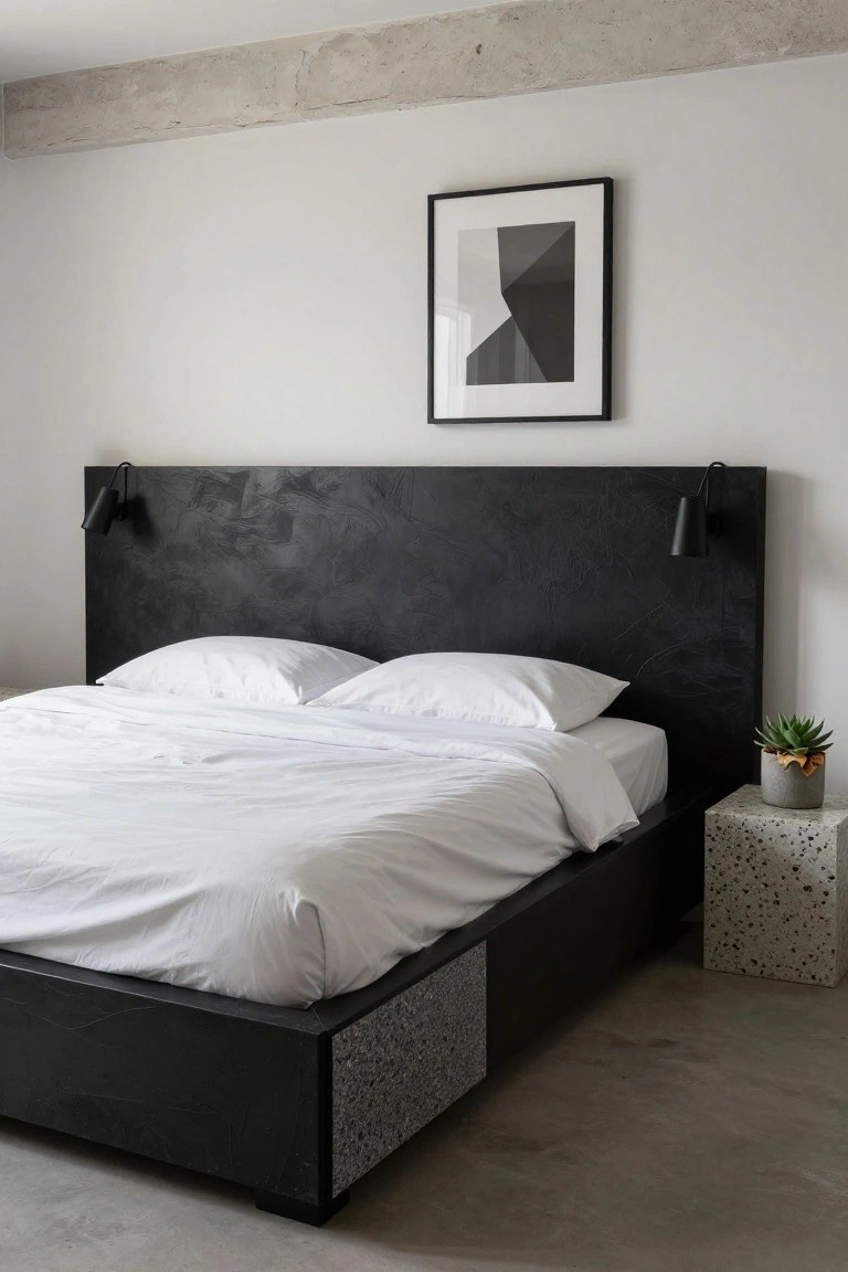 Modern bedroom with low black platform bed featuring textured headboard, integrated black sconces, white bedding, terrazzo-accented bed base and nightstand with succulent, white walls, black-framed geometric art, and exposed concrete ceiling beams on polished concrete floor.