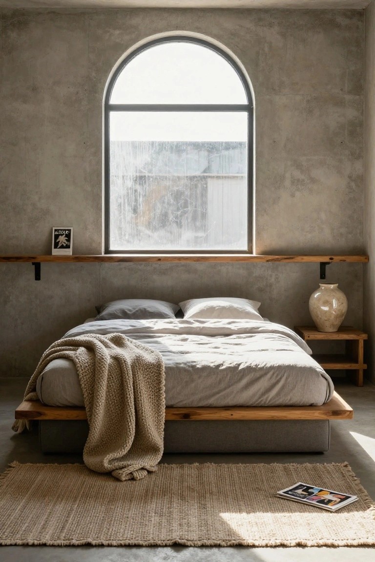 Minimalist bedroom with low wooden platform bed covered in white sheets and beige knit throw, wooden nightstand with white ceramic vase, arched window with wooden shelf and framed print, seagrass rug on concrete floor.