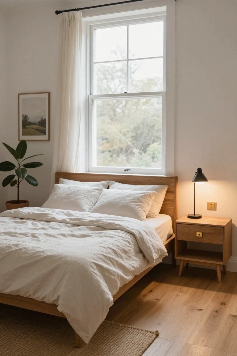 Bright bedroom with wooden bed, white linens, and sunlit window.