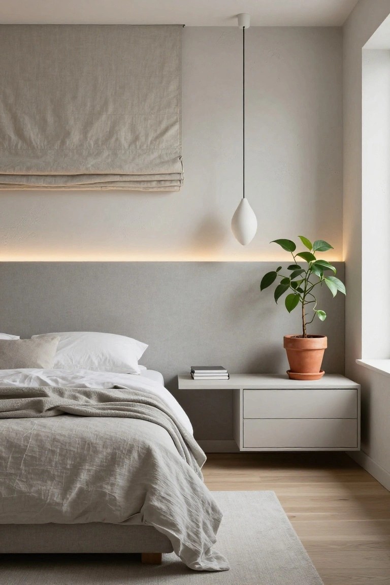 Modern bedroom interior with low gray upholstered platform bed, rumpled white linen bedding and pillows, floating white nightstand with books and potted plant, LED strip light along headboard base, pendant lamp, linen shade on window, and potted plant near bed.