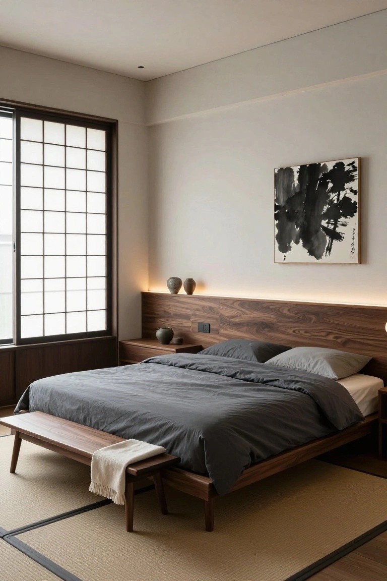 Modern bedroom with low walnut platform bed, integrated wood headboard and nightstands, low bench at foot with white throw, tatami mat floor, shoji window, ceramic vases, and abstract black painting on wall.