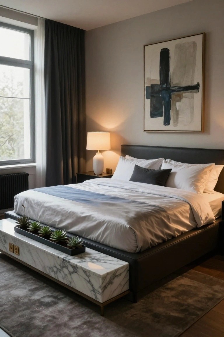 Modern bedroom interior with a low black leather platform bed, white silk bedding with a blue throw, a white marble bench at the foot holding a black planter of succulents, bedside table with lamp, abstract wall art, and large window with gray curtains.
