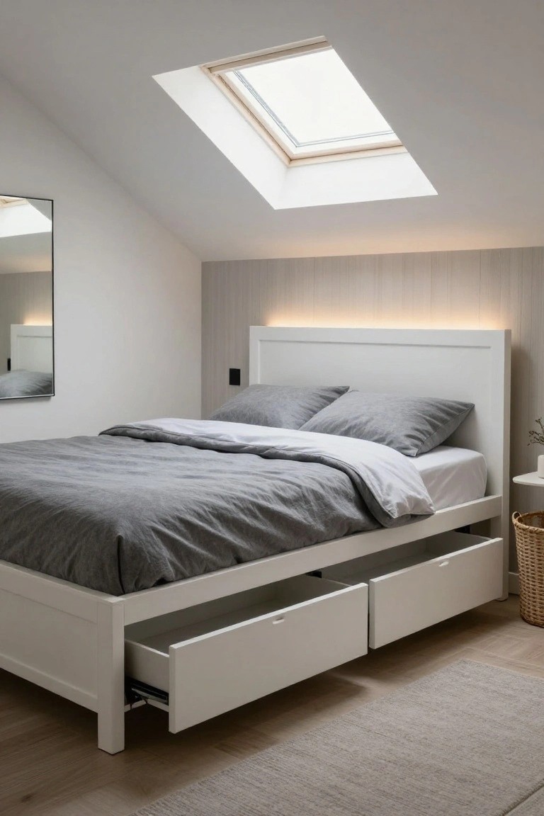 White platform bed with open underbed storage drawers in a minimalist attic bedroom featuring a skylight, sloped ceiling, gray bedding, and LED headboard lighting.