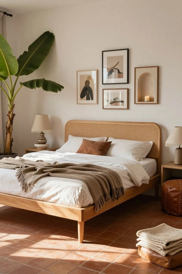 Bedroom with wooden platform bed featuring curved rattan cane headboard, white sheets, beige throw blanket, two nightstands with lamps, potted banana plant, wall art, candle in niche frame, leather pouf, and terracotta tile floor.