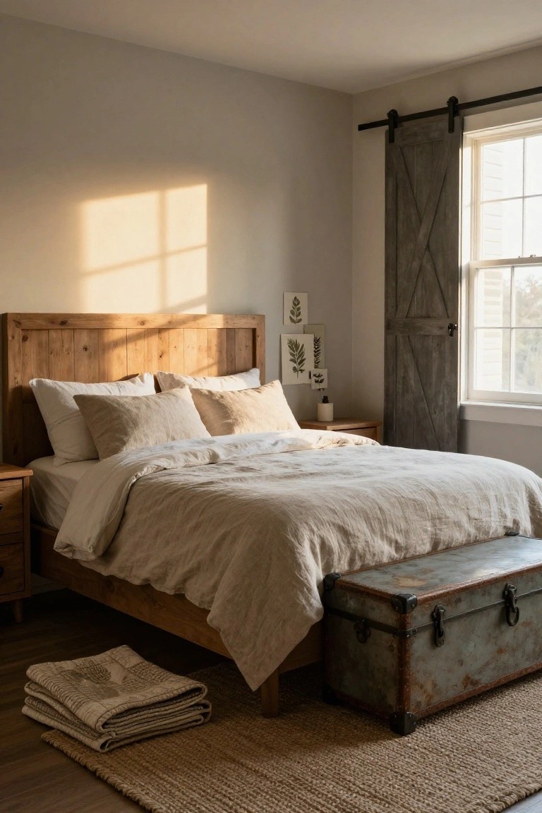 A sunlit bedroom with a low wooden platform bed covered in beige linen bedding, a wooden nightstand, potted plant, sliding barn door window, metal trunk bench, and jute rug on hardwood floor.