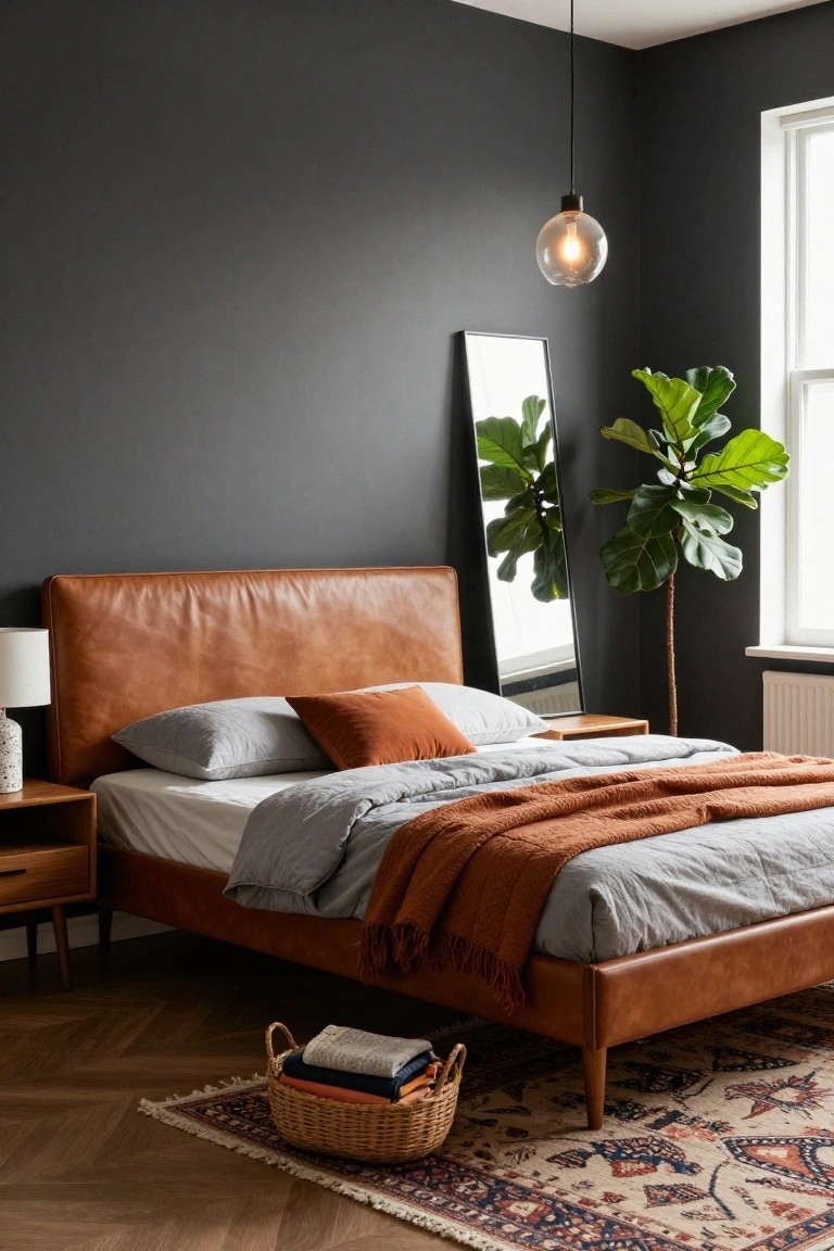 Bedroom interior with tan leather upholstered platform bed frame and headboard, gray sheets and pillows, orange throw blanket, wooden mid-century nightstand with lamp, full-length mirror, tall fiddle leaf fig plant, pendant light, and patterned rug on herringbone wood floor against dark gray walls.