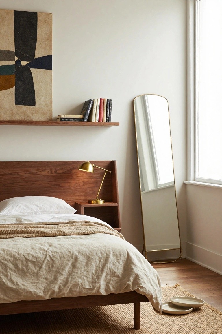 A modern bedroom with a low wooden platform bed covered in white sheets and a beige linen throw, a wooden nightstand with brass lamp, floating wooden shelf holding books, tall gold-framed full-length mirror, and a large window.