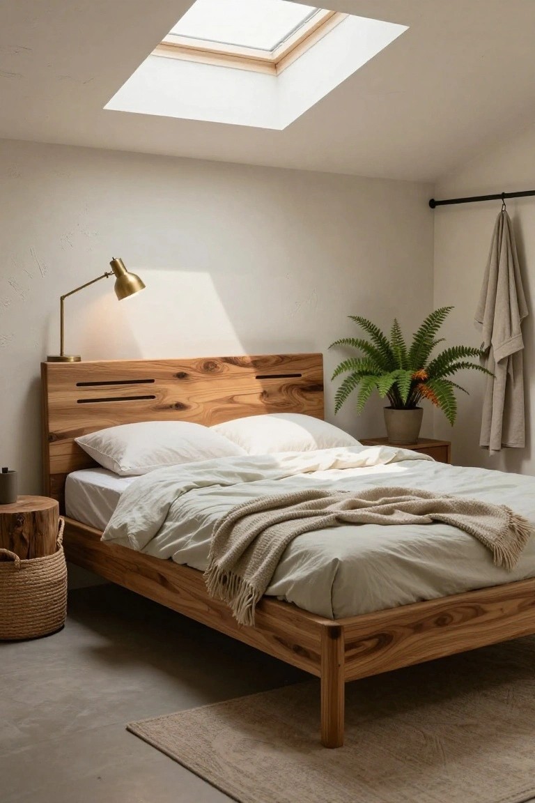 A minimalist bedroom with a low wooden platform bed, slatted headboard, white pillows and sheets with a light throw, wooden stump side table, desk lamp, potted fern, hanging towel, and skylight overhead on a concrete floor.