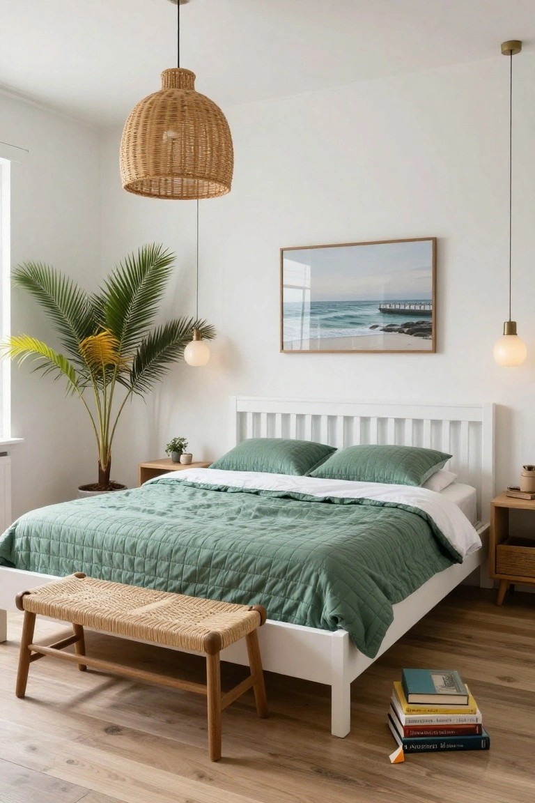 White platform bed with green quilted bedding and pillows in a bright bedroom, rattan bench at the foot, tall palm plant in corner, woven pendant lights, beach photo on wall, wooden nightstands, and light wood floors.