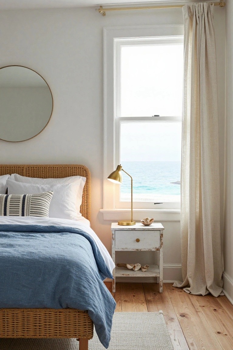 Bedroom interior with low platform bed featuring rattan headboard and frame, white pillows and blue linen duvet, gold arched lamp on distressed white nightstand with seashells, large window overlooking ocean and beach, beige linen curtains, round gold mirror on wall, hardwood floors.