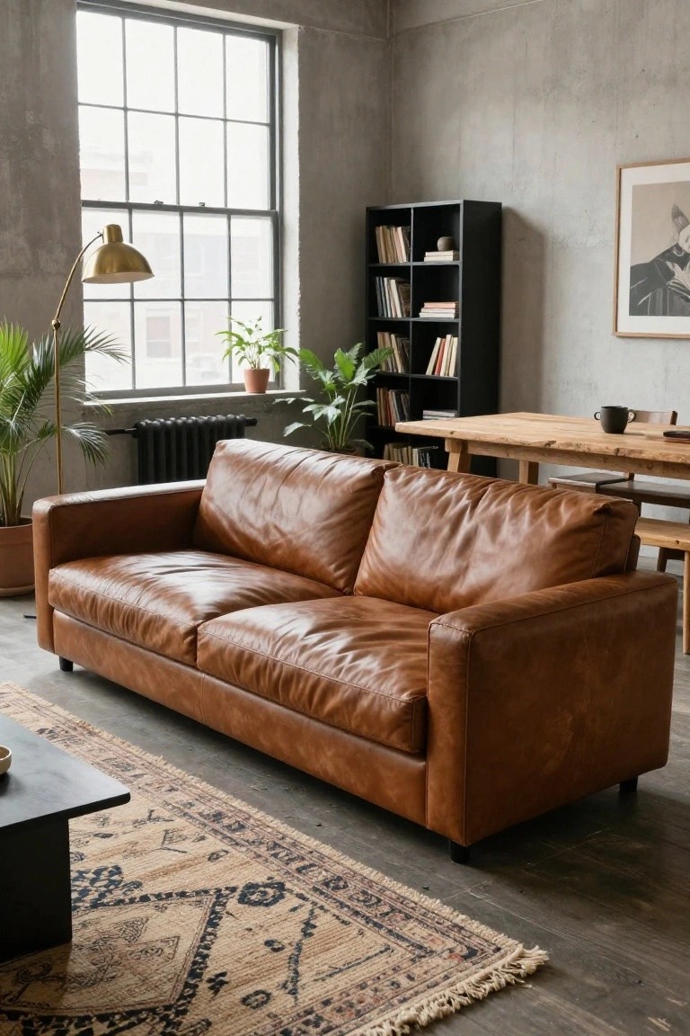 Tan boxy leather sofa in a concrete industrial living room with black bookshelf, wooden dining table, potted plants, gold floor lamp, and large window.