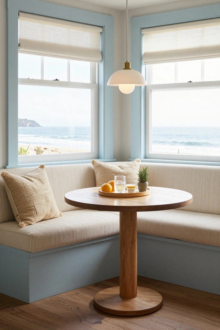 Corner built-in beige banquette with pillows, round wooden pedestal table with oranges, glasses, and plant, large windows showing ocean view, light blue trim and wood floor.