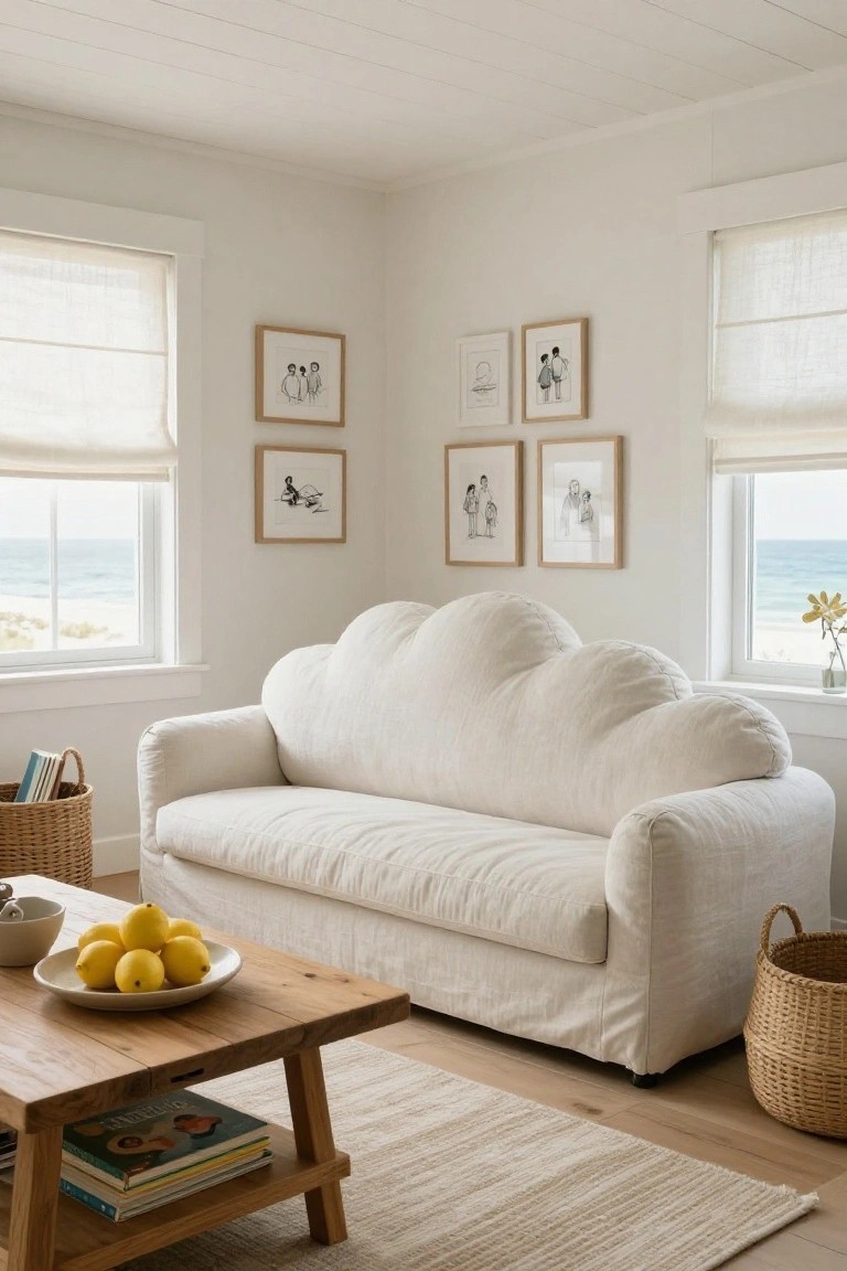White cloud-shaped sofa in a light living room with ocean view windows, wooden coffee table with lemons, seagrass baskets, and framed ink drawings on walls.