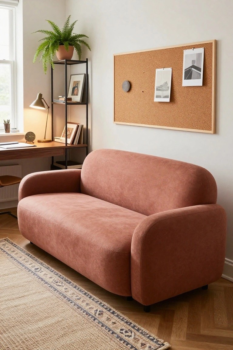 Terracotta-colored plush rounded sofa in a modern home office corner with wooden desk, metal plant shelf holding fern, corkboard with pinned photos, brass lamp, and parquet flooring.