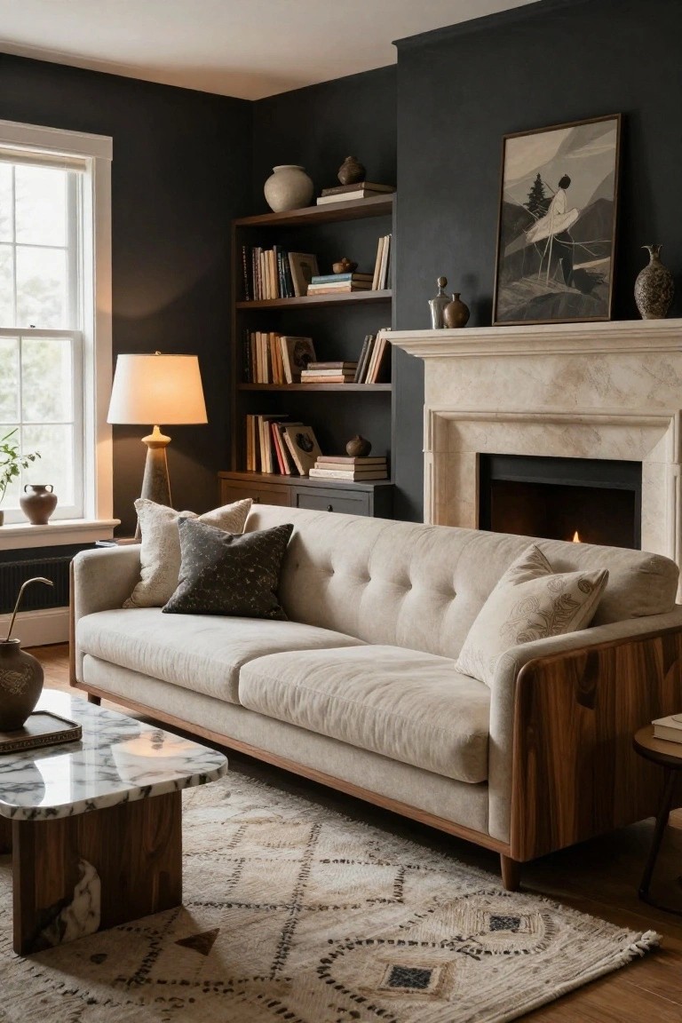 Beige tufted sofa with wooden arms and legs in a living room featuring dark walls, bookshelves, marble coffee table, stone fireplace, and berber rug.