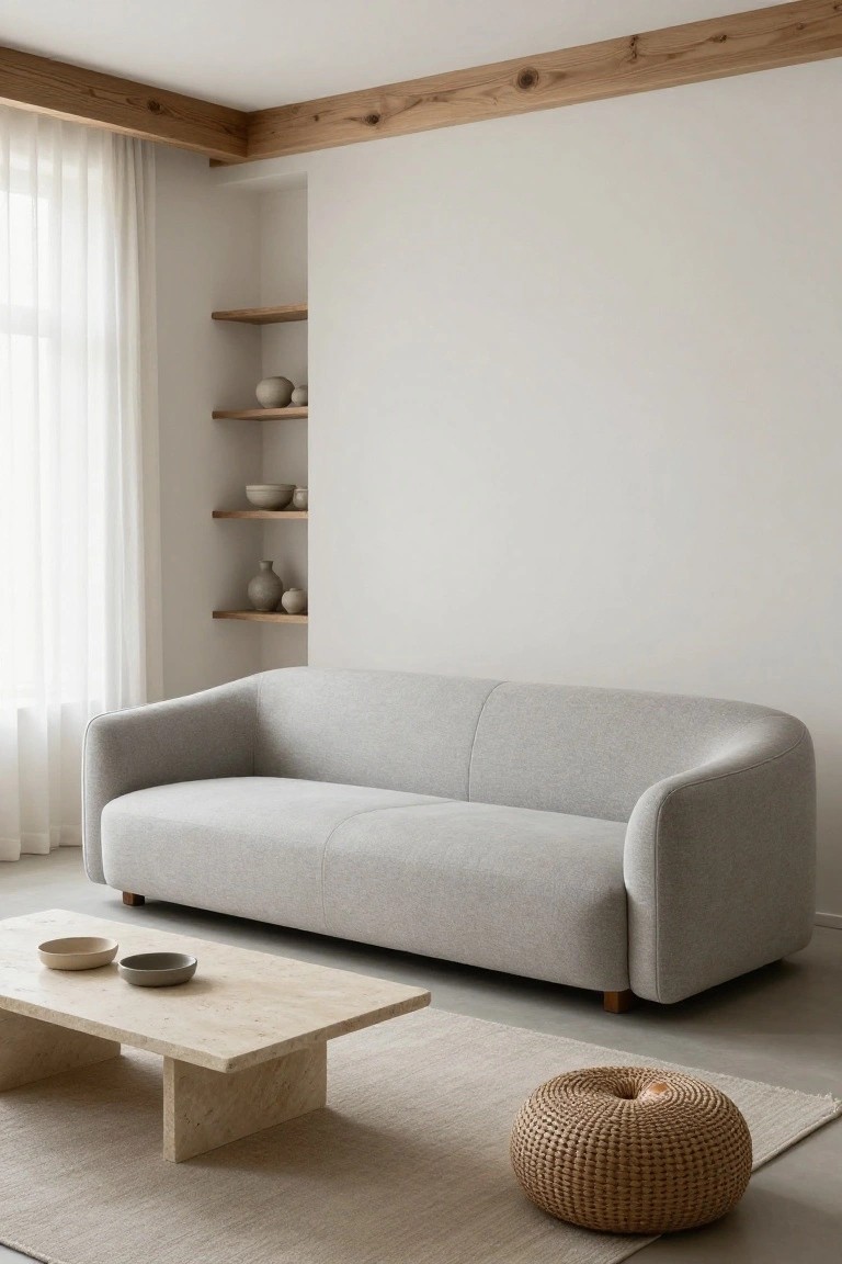Light gray curved sofa in a minimalist living room with white walls, wooden ceiling beams and shelves holding beige ceramics, low travertine coffee table with bowls, light rug, and woven pouf nearby.