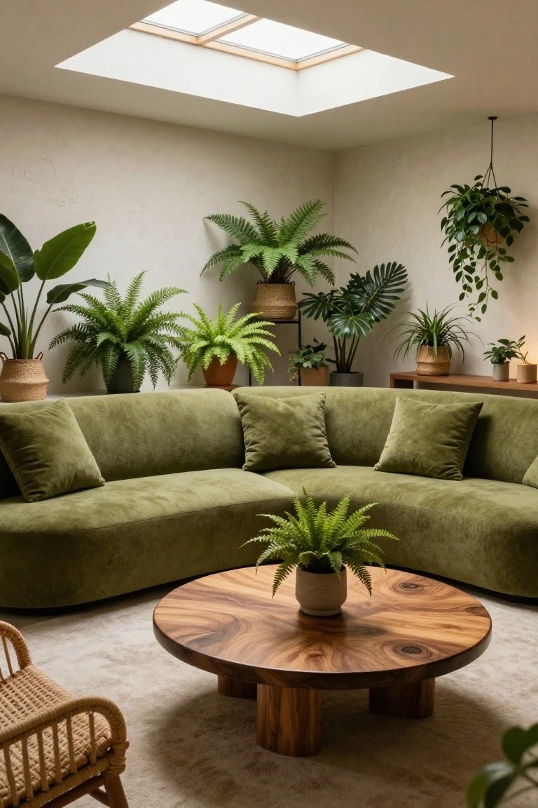Curved green velvet sectional sofa in a plant-filled indoor corner with wooden coffee table, rattan chair, skylight above, and textured beige walls.
