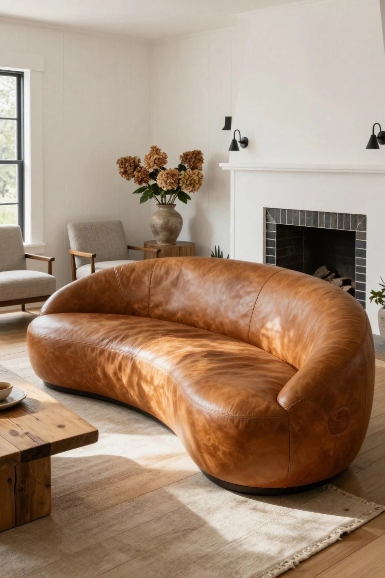A living room with a large curved tan leather sofa facing a white brick fireplace, flanked by two gray armchairs, a wooden coffee table, dried flower arrangement in a terracotta pot, and potted plants on light wood floors.
