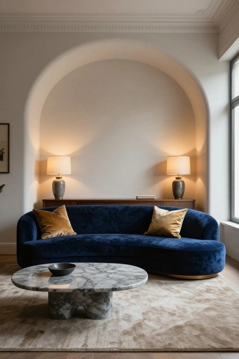 Modern living room with curved navy blue velvet sofa on gold base, oval white marble coffee table holding black bowl, wooden console table with two ceramic lamps, arched white wall, and large window.
