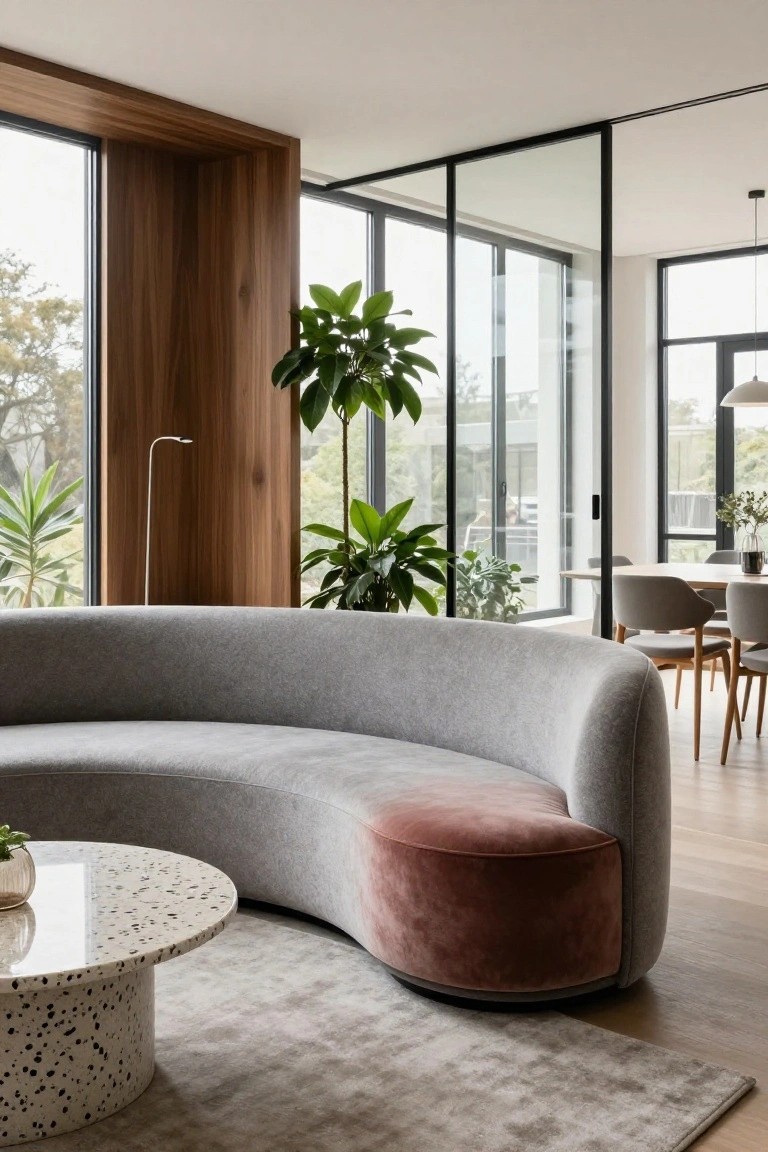 Curved light gray upholstered sofa with pink pouf ottoman on one end, in a modern living room with wooden wall panels, potted plants, floor lamp, terrazzo coffee table, large glass windows, and dining area visible in background.