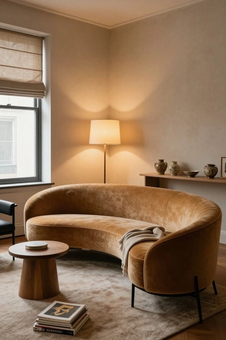 A curved mustard-colored velvet sofa sits in a beige room corner next to a wooden pedestal side table, with a tall floor lamp, shelves holding vases, and stacks of books on the floor.