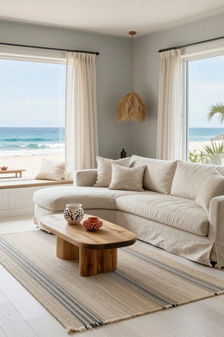 Beige curved linen sectional sofa in a light gray corner room with large curtained windows overlooking the beach and ocean, rattan pendant light, wooden coffee table with ceramics, and striped rug on white oak floors.