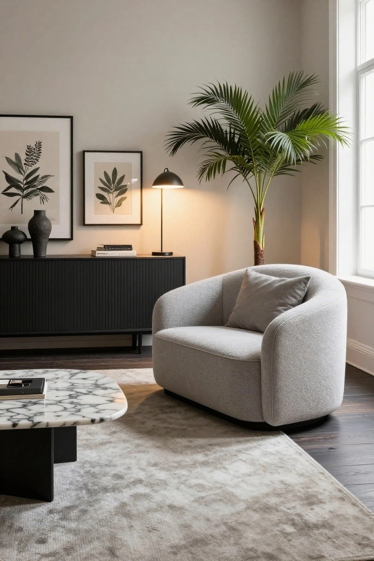 Light gray curved upholstered sofa in a beige living room corner next to tall black fluted sideboard, with desk lamp, potted palm plant, marble coffee table, botanical prints, and light gray rug on wood floor.