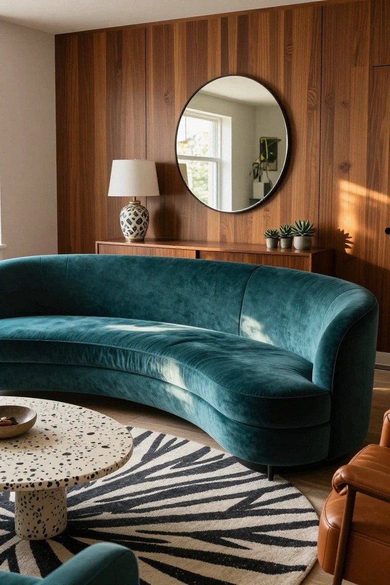 Modern living room with curved teal velvet sofa, wood-paneled wall, large round mirror, credenza holding lamp and plants, speckled round coffee table on zebra rug, and tan leather armchair.