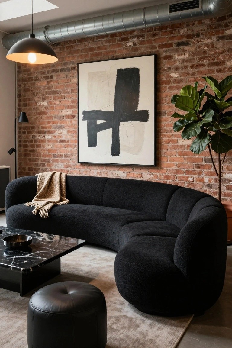 Modern living room with black curved modular sofa, black marble coffee table, black leather pouf, exposed brick wall, abstract black and white artwork, potted fiddle leaf fig plant, pendant light, and floor lamp.