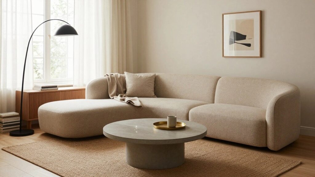 21 Modern Sofa Set Ideas With Trendy Shapes Curved cream-colored sofa on seagrass rug in minimalist living room with gray concrete pedestal coffee table, arc floor lamp, wooden credenza, abstract wall art, beige vase, books, teacup, and window curtains.