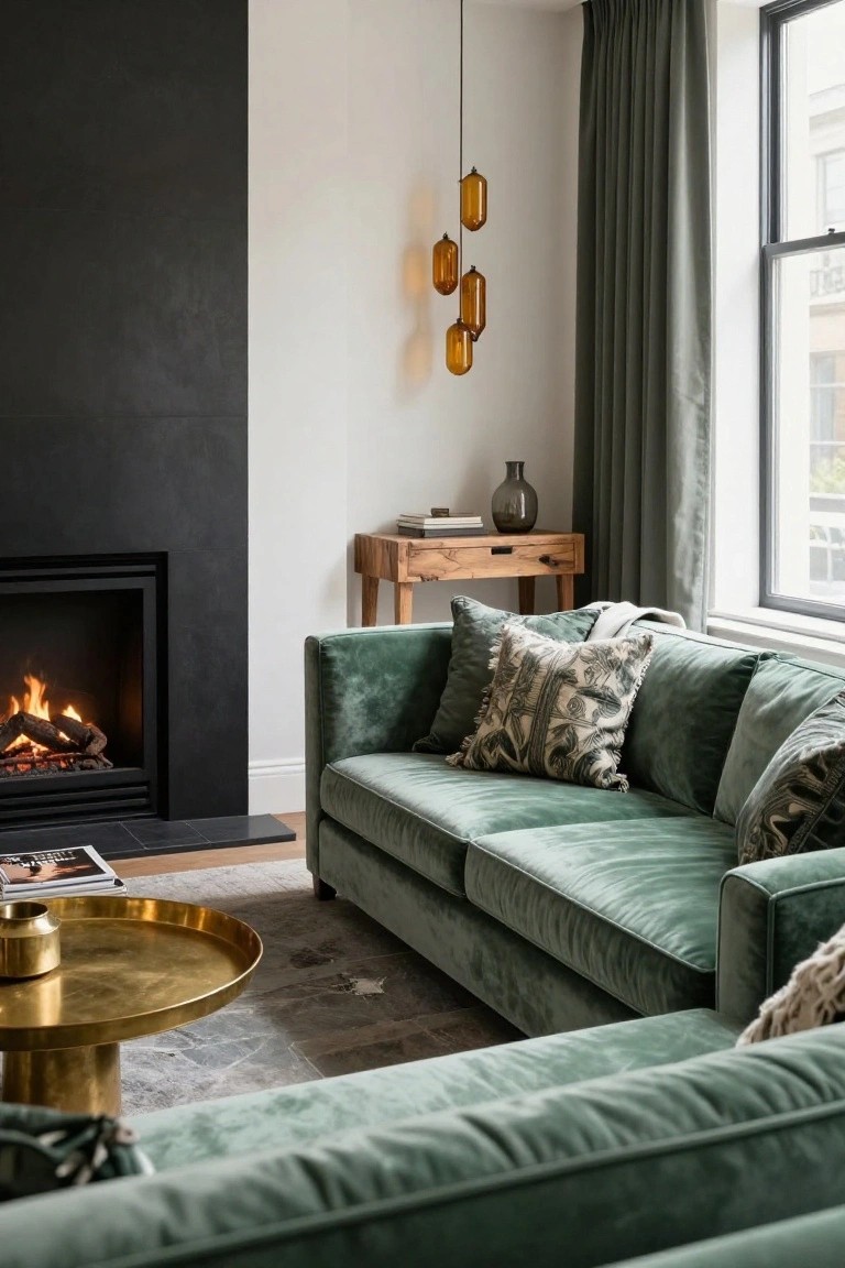 Modern living room interior with L-shaped emerald green velvet sofa, black stone fireplace with gas flames, brass coffee table, wooden side table with vase, green curtains on window, and patterned pillows.