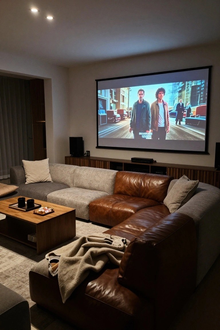 Modern living room with L-shaped gray fabric and tan leather sectional sofa facing a projector screen displaying a movie scene, wooden coffee table with trays, and recessed ceiling lights.