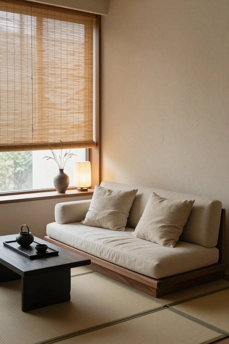 A low beige linen sofa on a wooden platform sits in a minimalist room with tatami floor mats, a black low table holding a tea set, bamboo blinds on a large window, a gray vase and lamp on the windowsill.