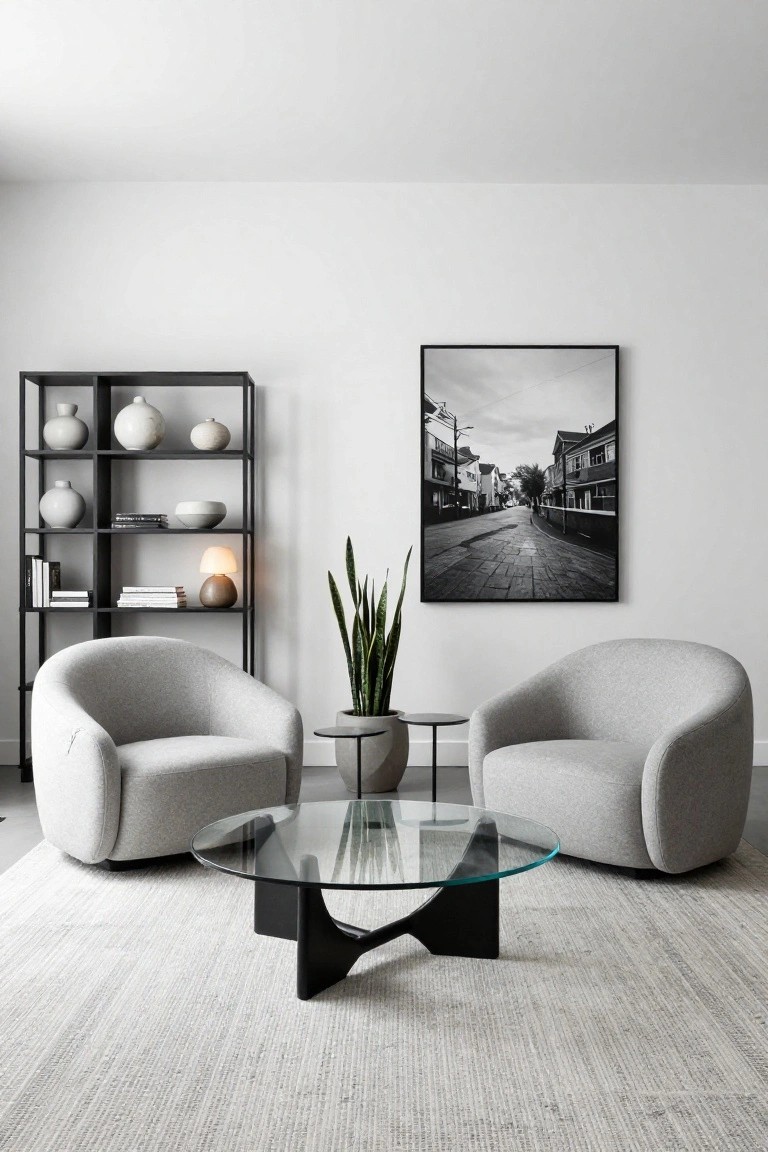 Modern living room with gray armchairs, glass coffee table, and black-and-white wall art.