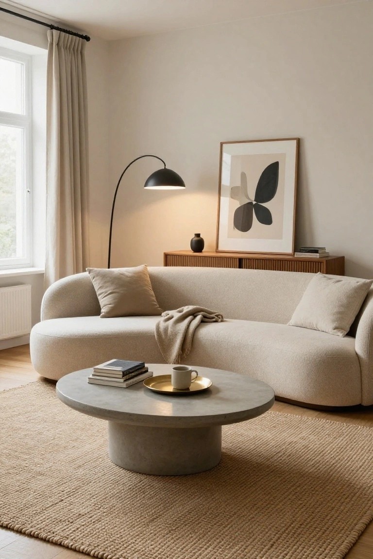 Curved cream-colored sofa on seagrass rug in minimalist living room with gray concrete pedestal coffee table, arc floor lamp, wooden credenza, abstract wall art, beige vase, books, teacup, and window curtains.