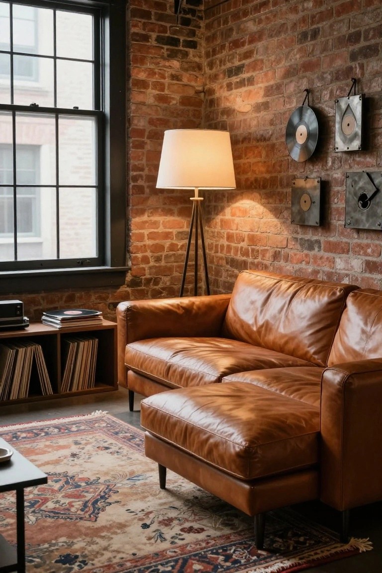 Corner of a brick-walled living room with tan leather L-shaped sofa including chaise, vinyl record shelves, floor lamp, and patterned rug on wood floor.