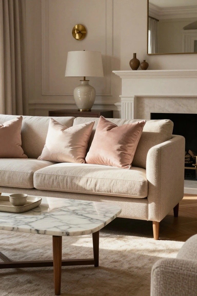 Cream fabric sofa piled with large blush pink velvet pillows facing a white marble coffee table and fireplace in a light neutral living room with beige walls and wood floors.