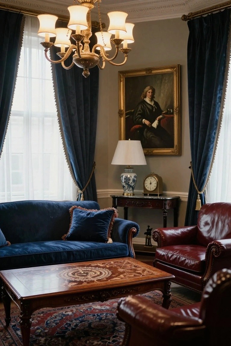 Formal sitting room with navy blue velvet sofa flanked by two red leather armchairs around an inlaid wood coffee table, blue velvet curtains on windows, brass chandelier overhead, side table holding blue-and-white vase and brass clock, and gold-framed portrait of man in dark robes on wall.