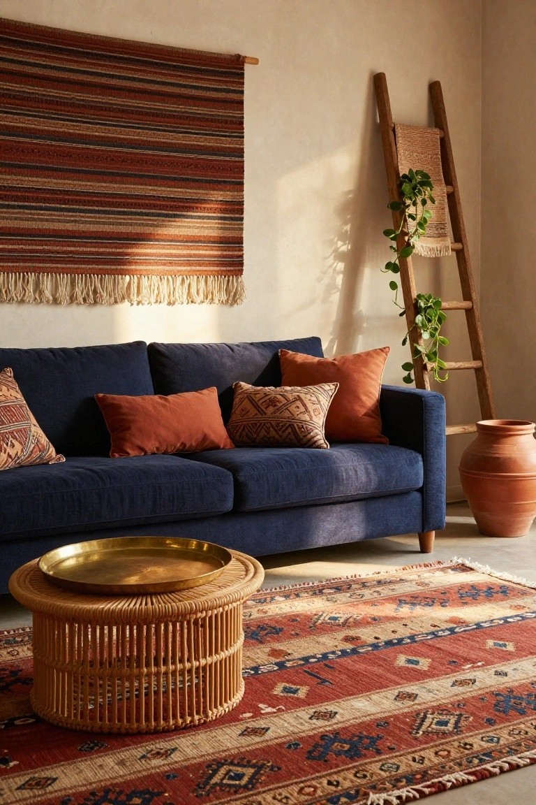 Living room with navy blue sofa and terracotta pillows, rattan coffee table with brass tray on striped terracotta rug, wooden ladder holding potted plant draped over it, large terracotta pot, and striped woven wall hanging on beige walls.