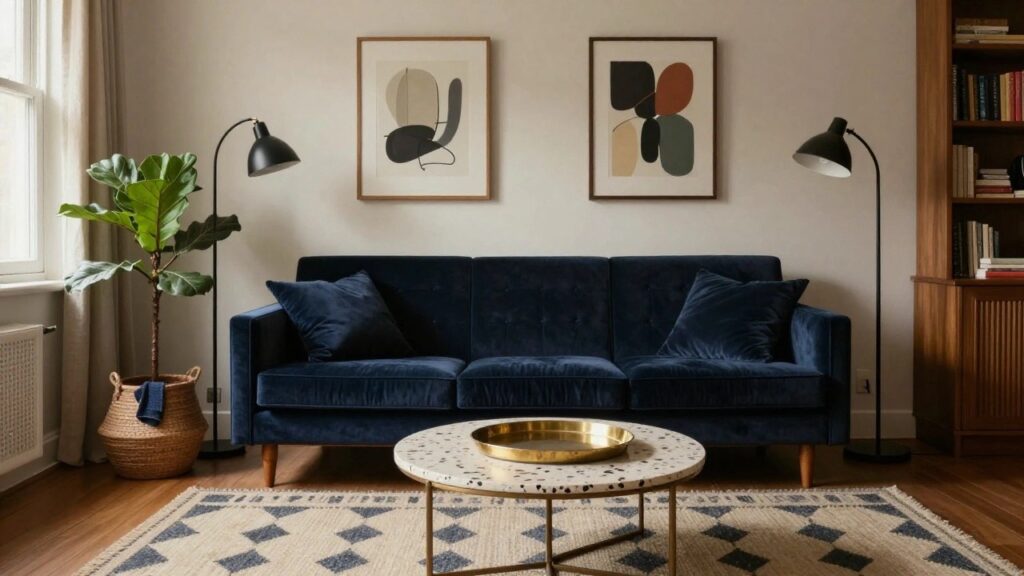 Living room with navy blue tufted velvet sofa, white speckled terrazzo coffee table on neutral patterned rug, abstract neutral artworks on wall, fiddle leaf fig plant by window, floor lamp, and wood shelving unit.