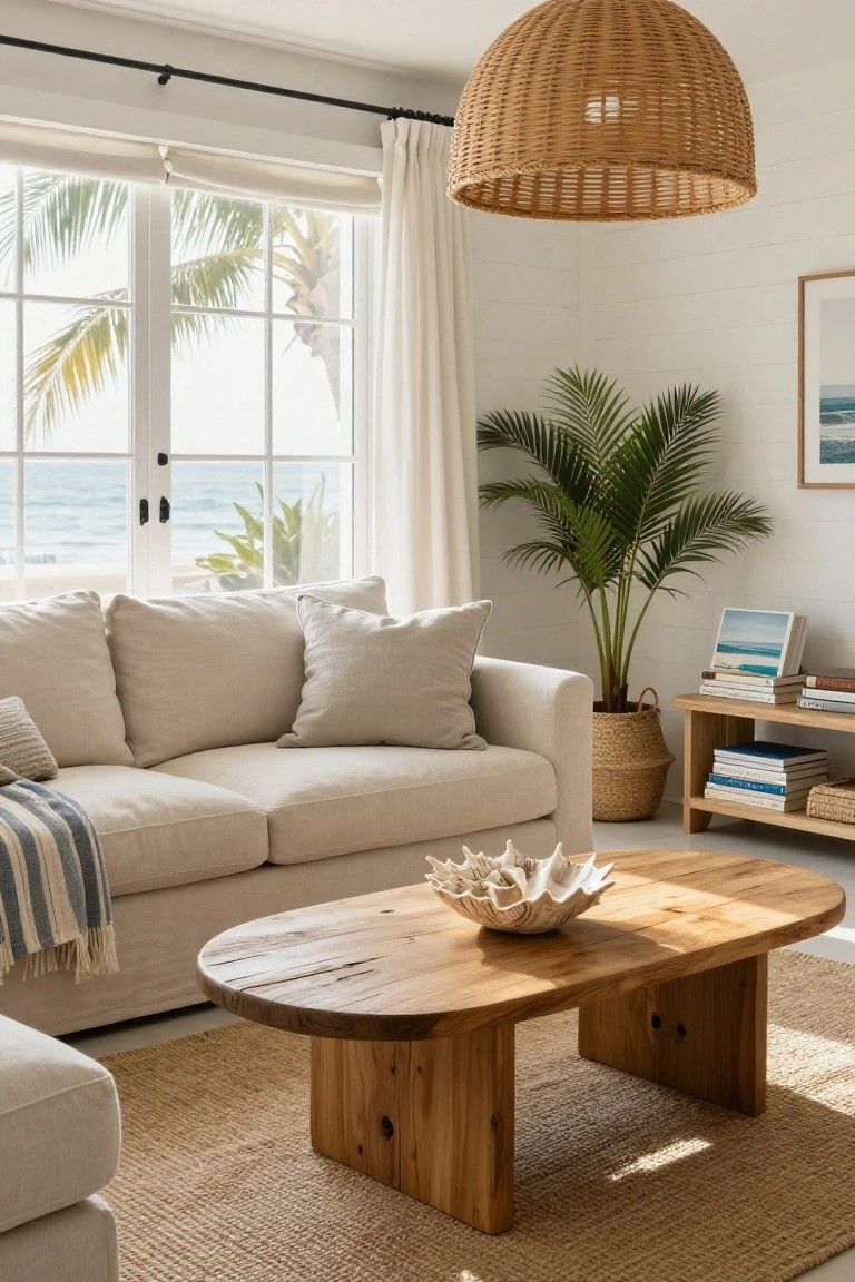 Light beige linen sofa in a white-walled living room with large windows showing palm trees and ocean, oval wooden coffee table holding a white seashell, potted palm plant, wooden bookshelves, rattan hanging light fixture, and seagrass rug.