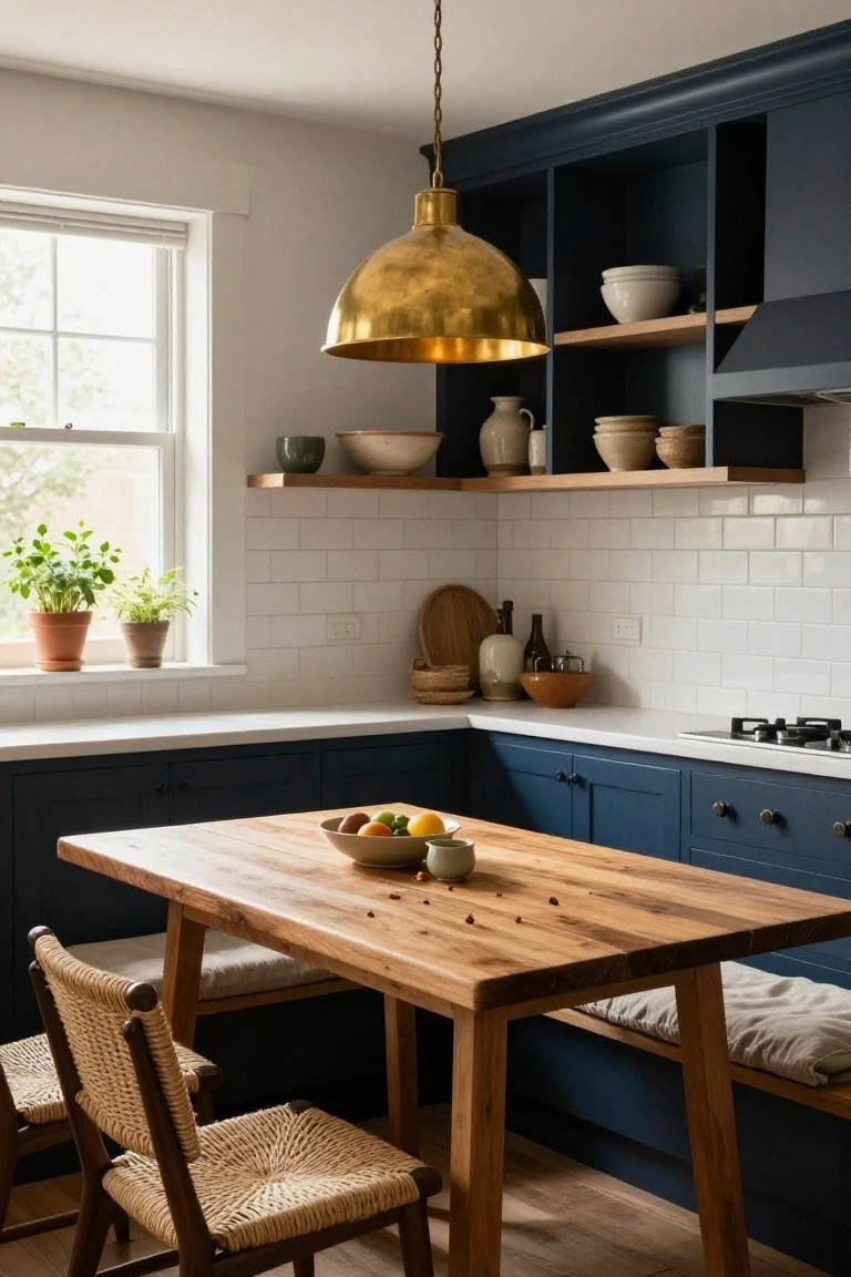 Kitchen corner with navy blue cabinets, white subway tile backsplash and quartz counters, wooden table with integrated bench seating and two rattan chairs, gold pendant light, open shelves holding ceramics and plants on windowsill.