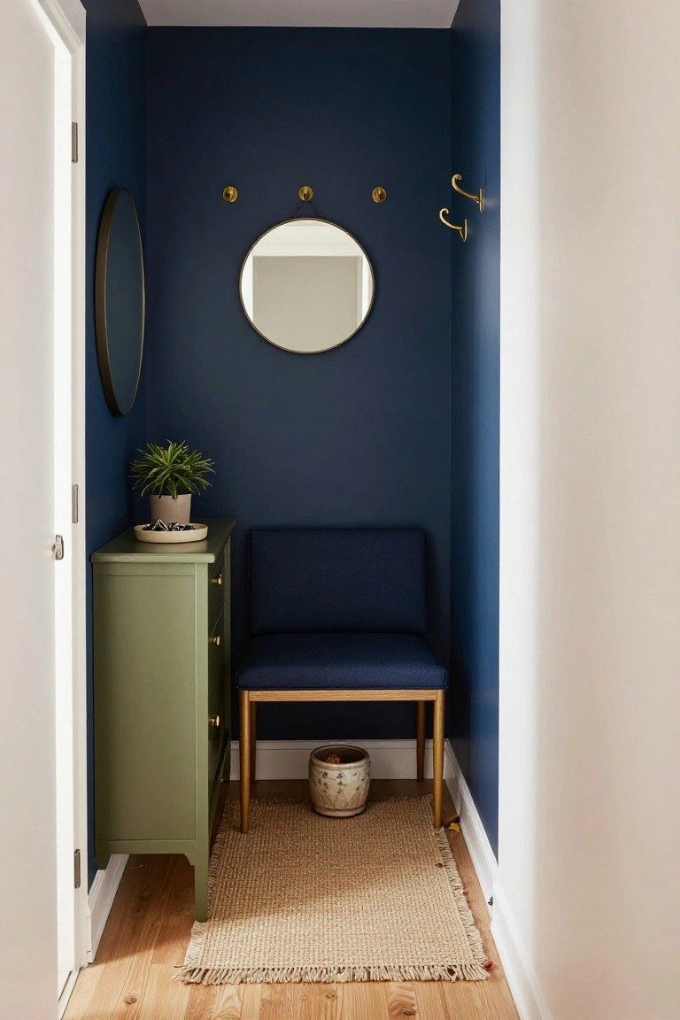 Narrow interior hallway with navy blue walls, gold coat hooks, round mirror, sage green dresser topped with plant and tray, navy blue chair, white ceramic pot on floor, and seagrass rug on wood flooring.