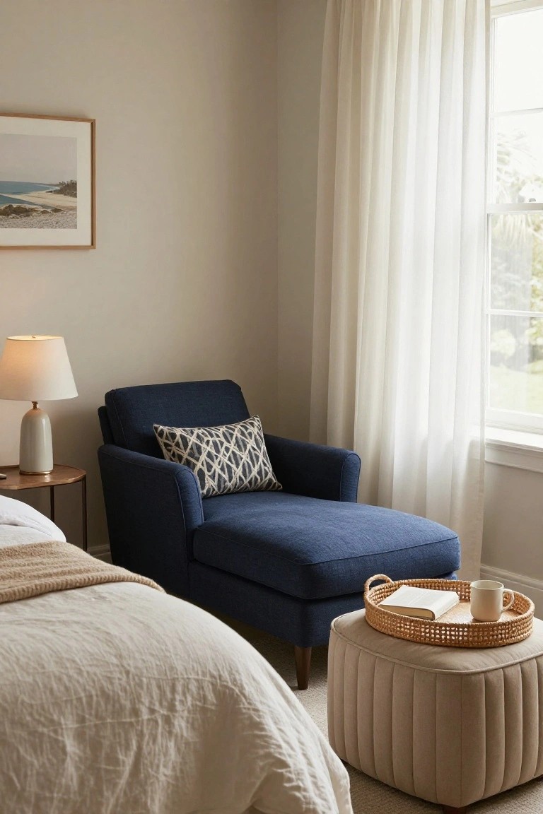 Navy blue chaise lounge chair with patterned pillow in a bedroom corner next to a beige bed, paired with a beige ottoman holding a wicker tray with book and mug, side table lamp, and sheer curtains on window.